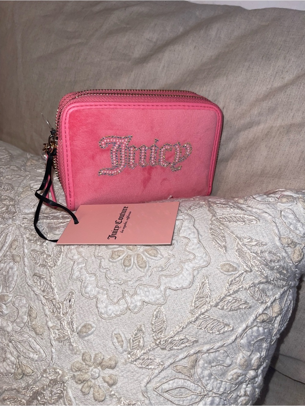Juicy Couture Hot Pink Velvet Crystal Logo Zip Wallet